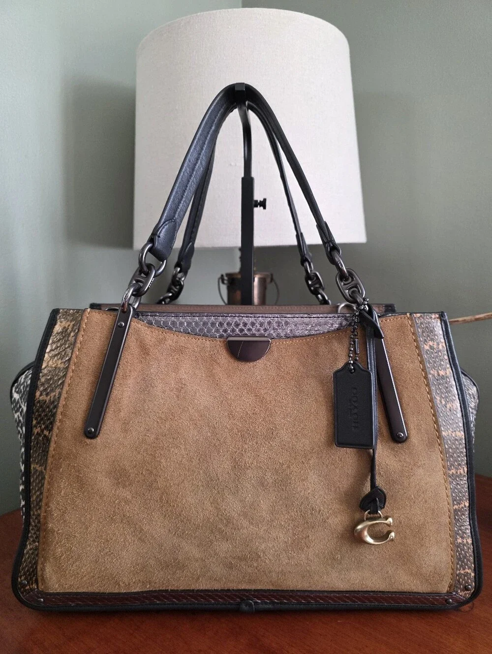 Coach Dreamer 36 37130 Colorblock Tan Suede Leather Snakeskin Satchel Bag